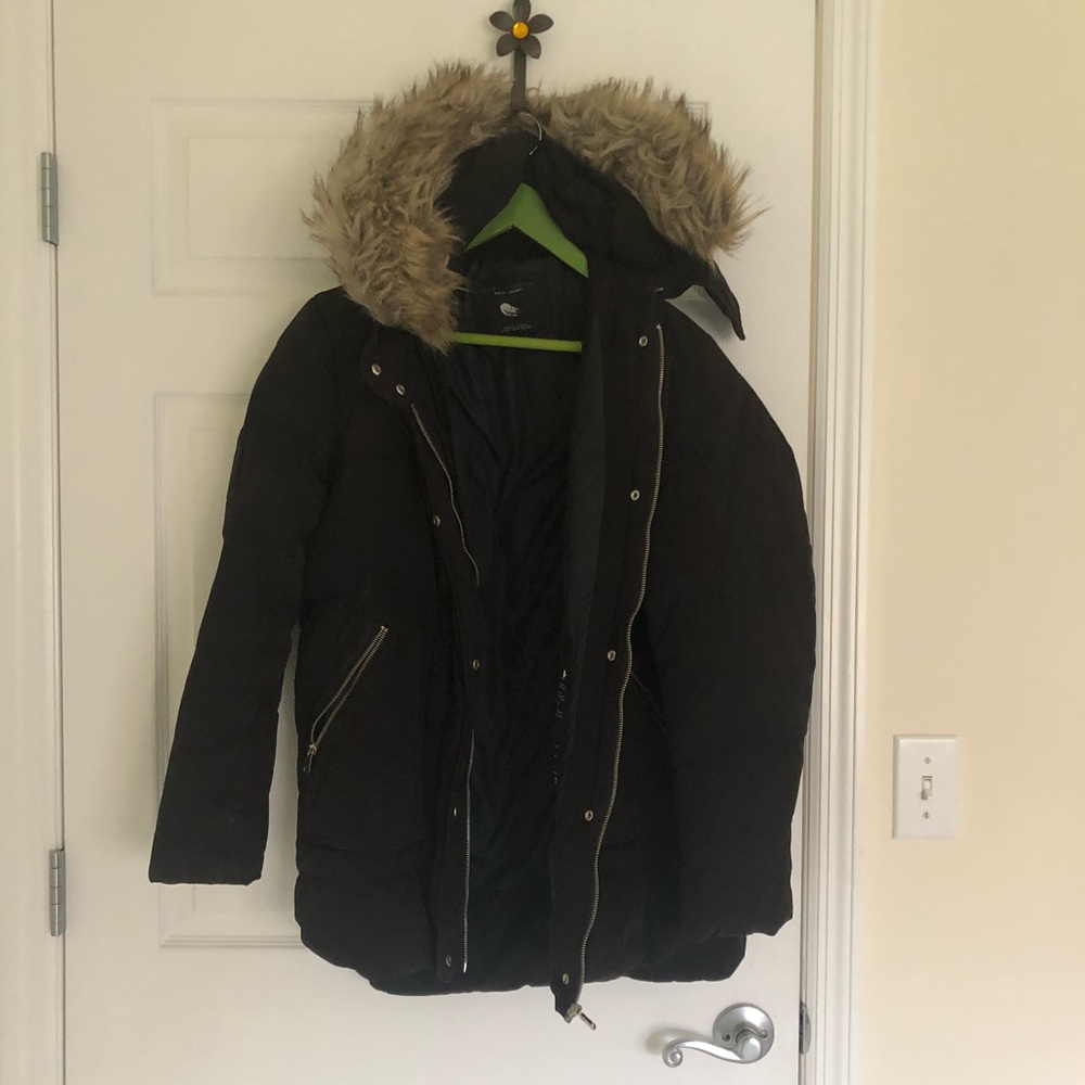 Zara Woman Down Jacket Black Puffer Fur Trim S
